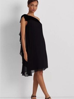 Ralph Lauren Black One-Shoulder Chiffon Dress